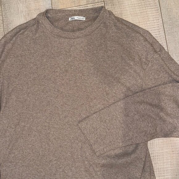 Zara Long Sleeve Beige Crewneck Shirt Men's Large - Picture 1 of 3